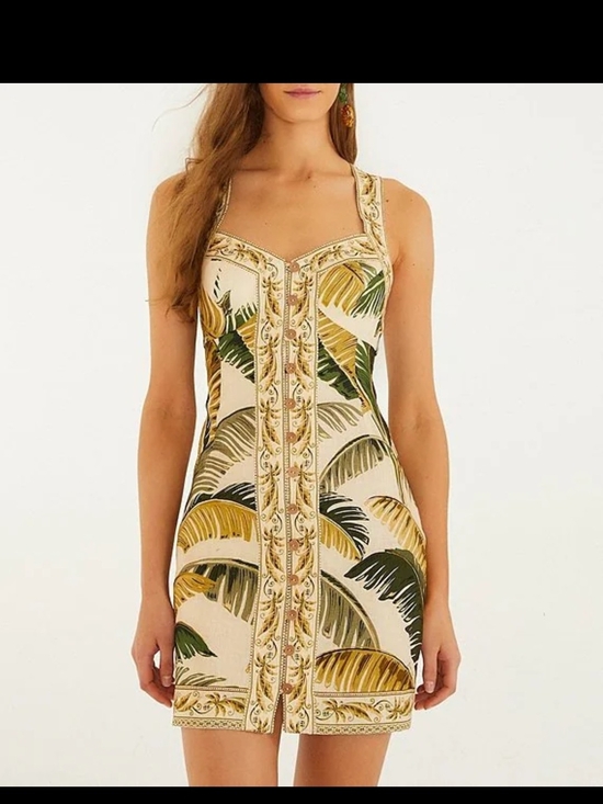 FARM Rio Dresses & Skirts - FARM Rio White Dress with Yellow, Olive and Brown Palm Print